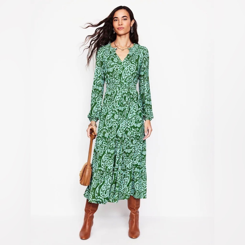 Boden Smock Tiered Jersey Floral Green Long Dress Size 4L Long sleeve Bohemian